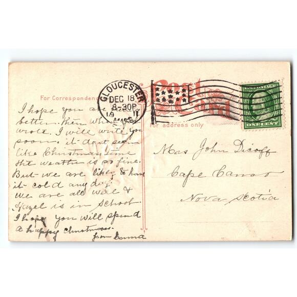 Vintage Christmas Greetings Postcard with Bells & Mistletoe, 1911 - Picture 2 of 2